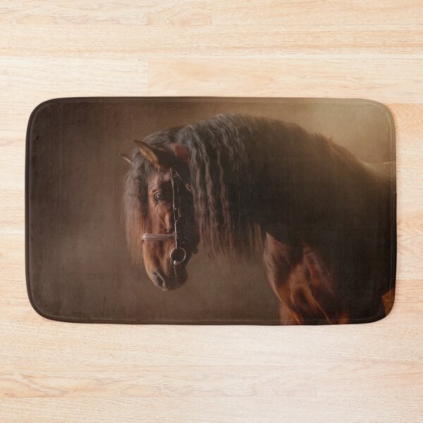 Item preview, Portrait of a black horse with a long mane against a soft golden-brown light background designed and sold by Julia Shepeleva.