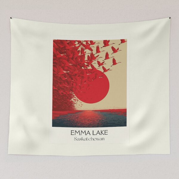 Item preview, Emma Lake Saskatchewan | Red Sun & Flying Birds Art Print designed and sold by TuncGK.