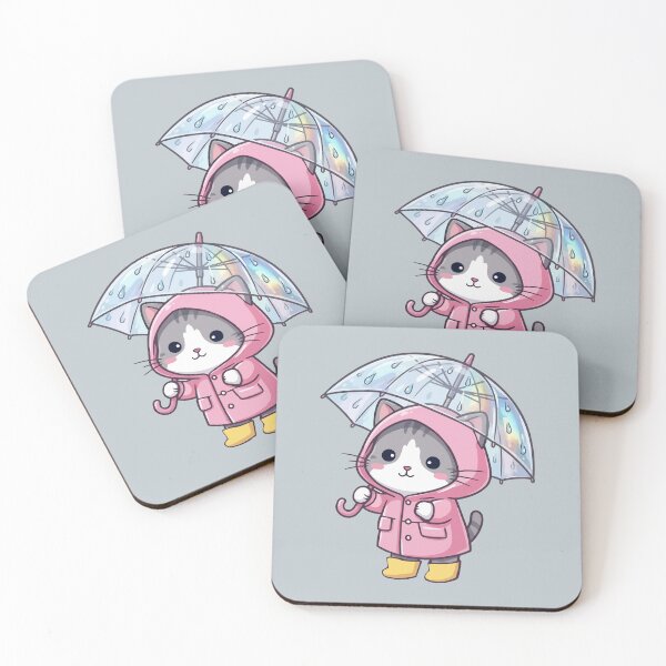 Item preview, Kawaii Rainy Day Cat: Pink Raincoat & Holographic Umbrella designed and sold by Tiny-roar-studio.