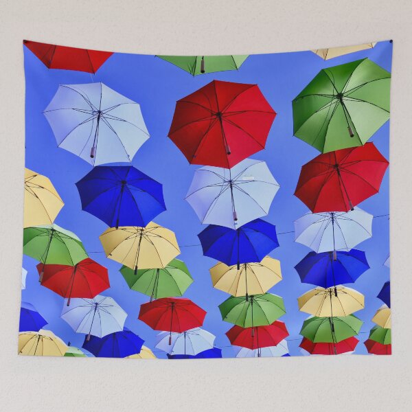 Item preview, Colorful umbrella sky – Cheerful scene under a blue sky / Swiss Artwork Photography designed and sold by Raphael Wolf.