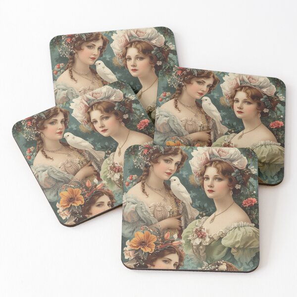 Item preview, Victorian Ladies with Flowers and Bird - Romantic Vintage Portrait Art designed and sold by freackly.