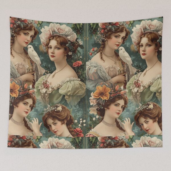 Item preview, Victorian Ladies with Flowers and Bird - Romantic Vintage Portrait Art designed and sold by freackly.