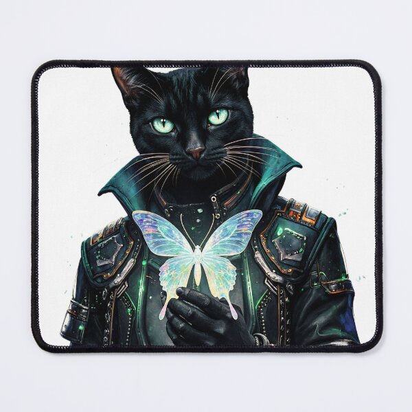 Item preview, Cat with cybernetic features holds a colorful butterfly against a vibrant cosmic background in a surreal art style designed and sold by SpaceartLilu.