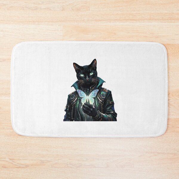 Item preview, Cat with cybernetic features holds a colorful butterfly against a vibrant cosmic background in a surreal art style designed and sold by SpaceartLilu.