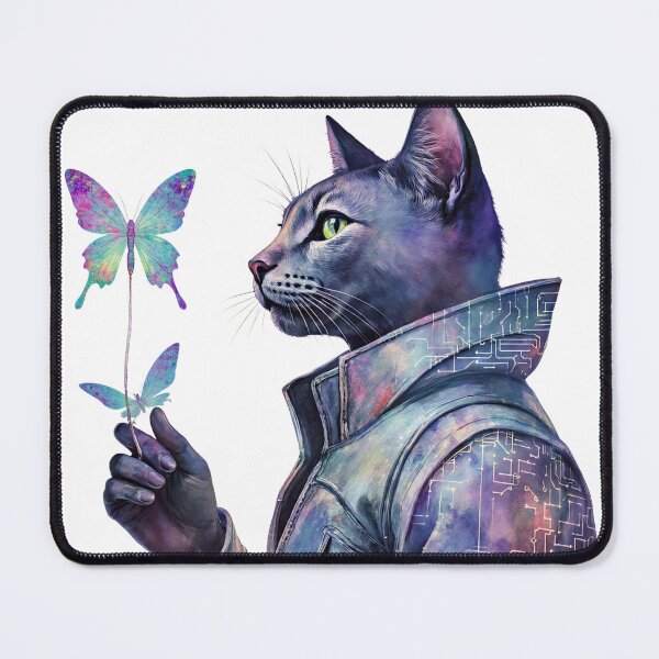 Item preview, Cat with cybernetic features holds a colorful butterfly against a vibrant cosmic background in a surreal art style designed and sold by SpaceartLilu.