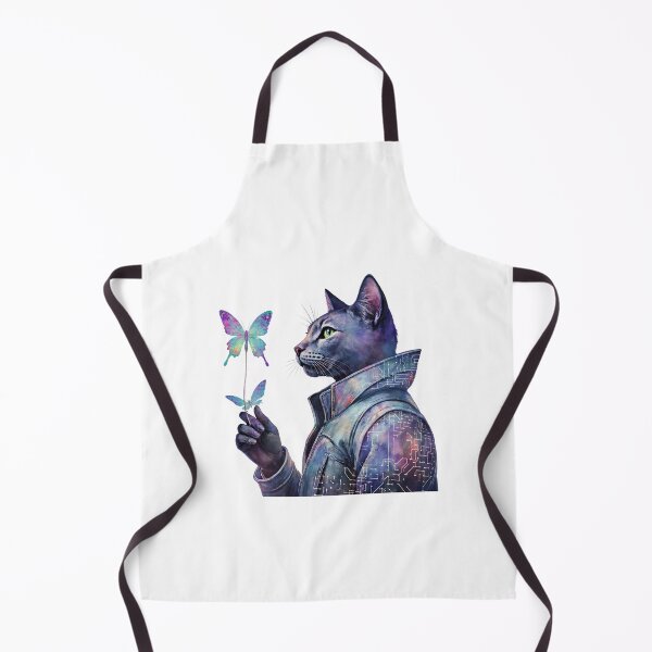 Item preview, Cat with cybernetic features holds a colorful butterfly against a vibrant cosmic background in a surreal art style designed and sold by SpaceartLilu.