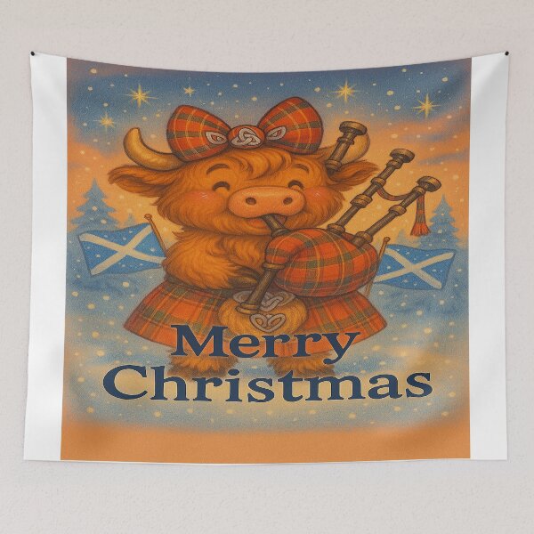 Item preview, Festive Highland Cow Playing Bagpipes – Scottish Christmas Tartan Illustration | Nollaig Chridheil Coorie Coo designed and sold by MacksMerch.