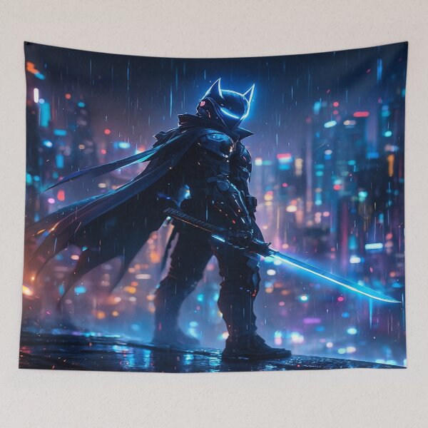Item preview, Cyberpunk Night Vigilante – Neon Samurai Hero in Futuristic Cityscape designed and sold by FernandsOficial.