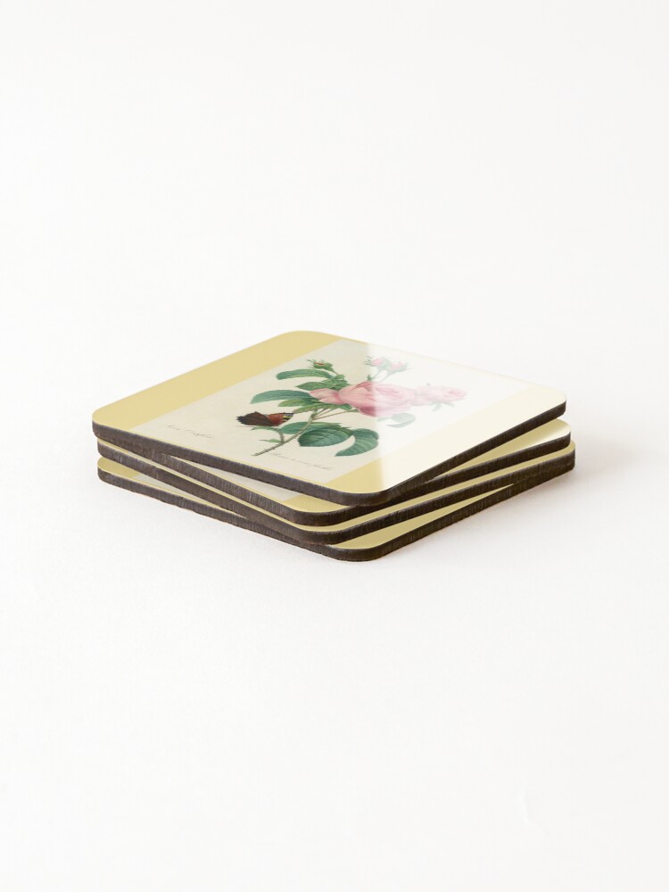 Thumbnail 4 of 5, Coasters (Set of 4), Redoute Roses with Butterfly designed and sold by Tridentulus.