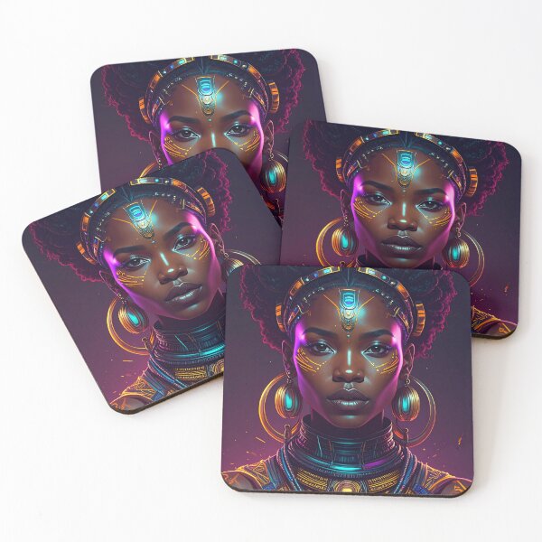 Item preview, Afrofuturistic portrait of a Black woman wearing glowing accessories  designed and sold by BestDiz.