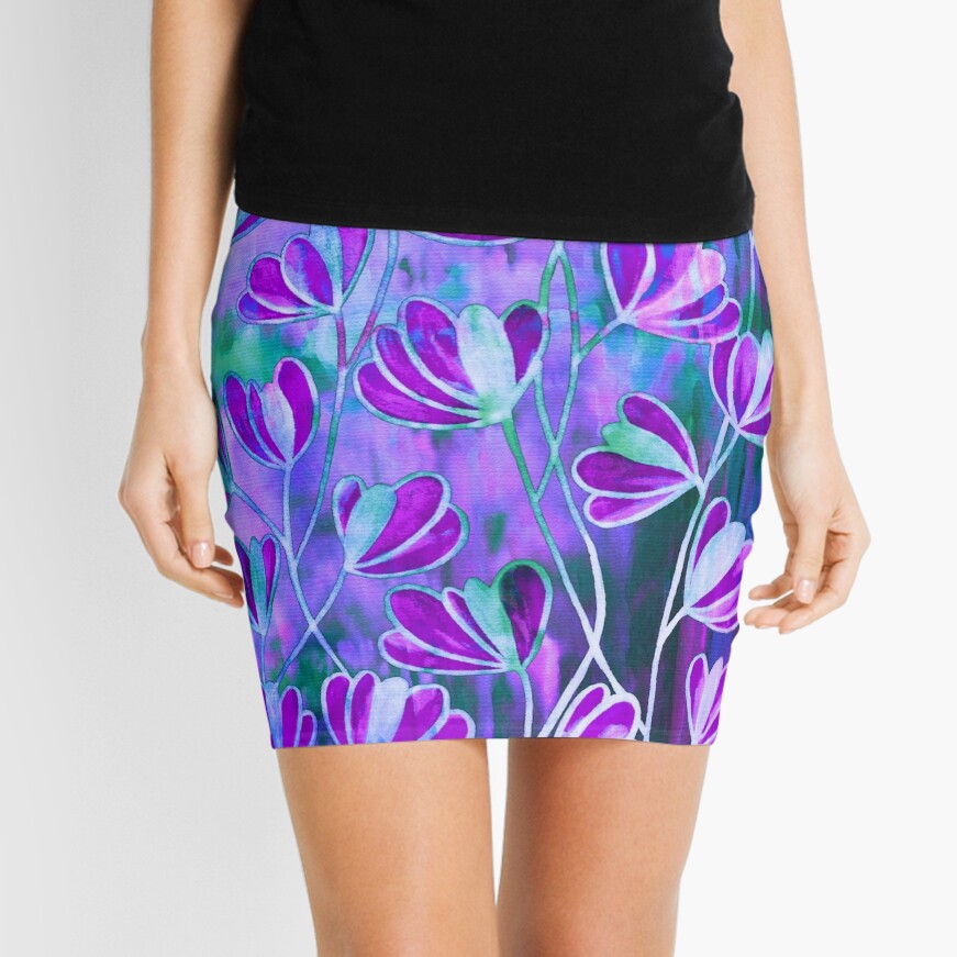EFFLORESCENCE Lilac Lavender Purple Turquoise Blue Floral Garden Watercolor Painting Pattern Flowers Nature Fine Art Design Mini Skirt