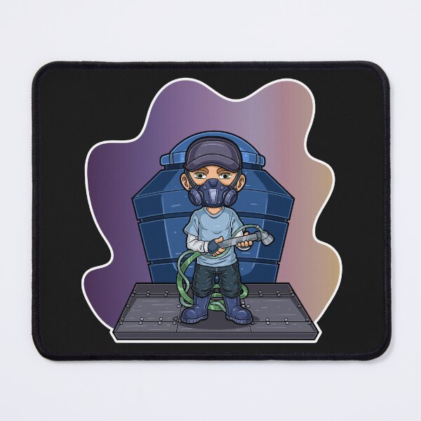 Item preview, A Man Mascot Character with a mask on his face stands holding a water pump and a large water tank in the background designed and sold by tedykurniawan12.
