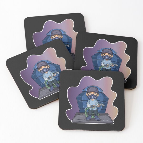 Item preview, A Man Mascot Character with a mask on his face stands holding a water pump and a large water tank in the background designed and sold by tedykurniawan12.