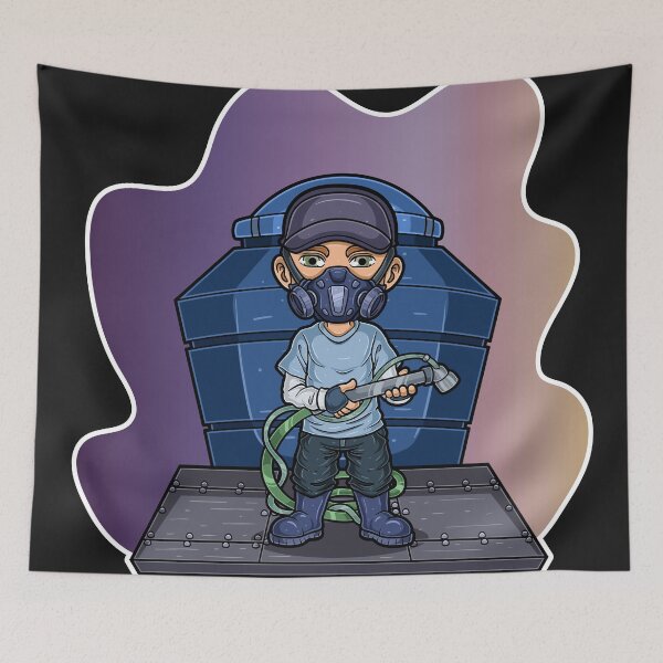 Item preview, A Man Mascot Character with a mask on his face stands holding a water pump and a large water tank in the background designed and sold by tedykurniawan12.