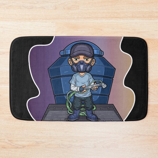 Item preview, A Man Mascot Character with a mask on his face stands holding a water pump and a large water tank in the background designed and sold by tedykurniawan12.