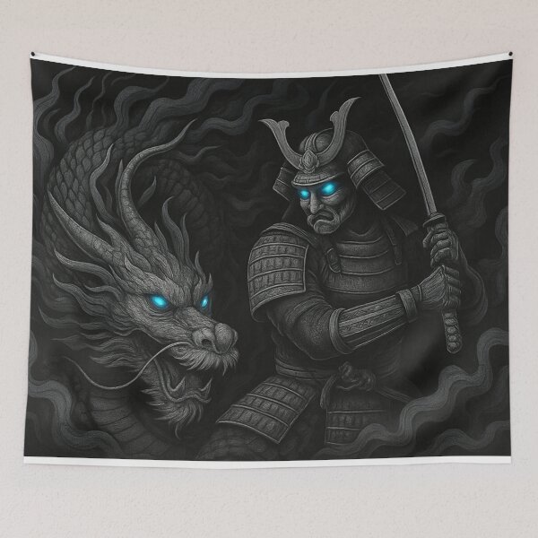 Item preview, Shadow Samurai With Black Smoke Dragon – Dark Japanese Fantasy Art designed and sold by leen12 Art Designs Prints.