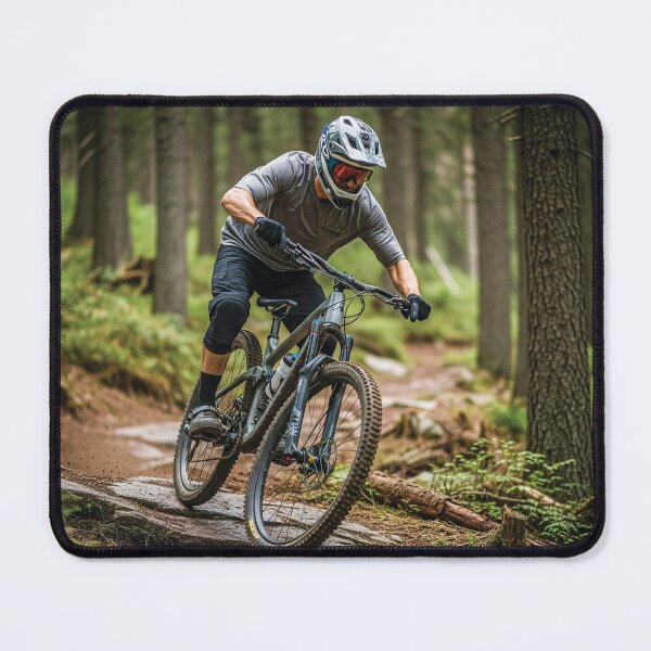 Item preview, Mountain Bike Action Shot in Rugged Woodland Terrain. designed and sold by Hinson MTB Visuals.