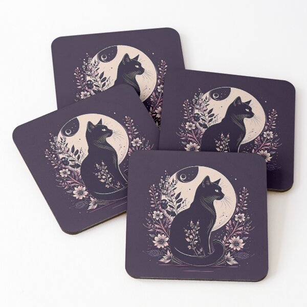 Item preview, Black cat, moon, flowers, beige, pink, dark purple designed and sold by angel-cat-22.
