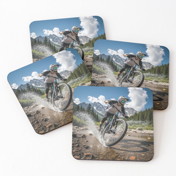 Item preview, Biker tackles mountain trail, crosses shallow river. designed and sold by Hinson MTB Visuals.