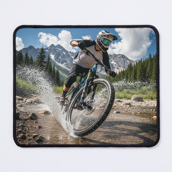 Item preview, Biker tackles mountain trail, crosses shallow river. designed and sold by Hinson MTB Visuals.
