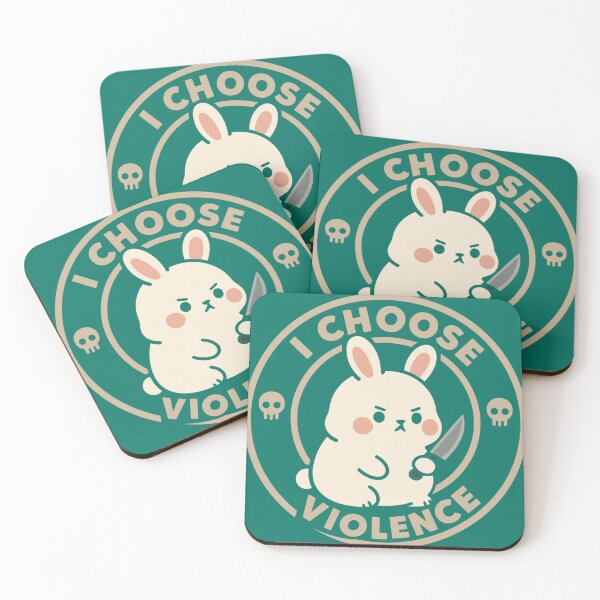 Item preview, A cute white bunny holding a small knife, around it the text "I choose violence". An art that mixes humor with the temperament of ducks. designed and sold by ewoio.