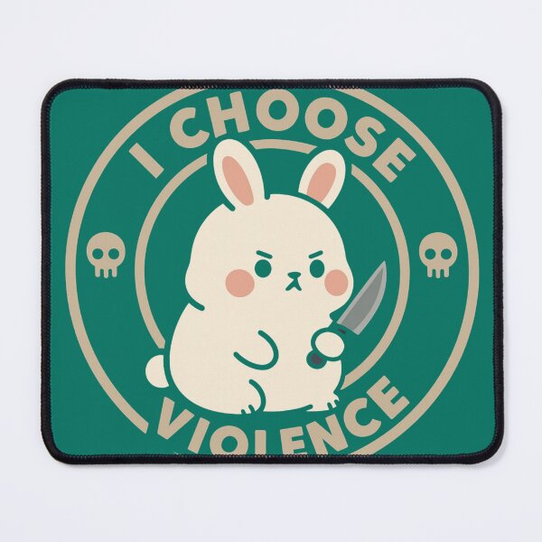 Item preview, A cute white bunny holding a small knife, around it the text "I choose violence". An art that mixes humor with the temperament of ducks. designed and sold by ewoio.