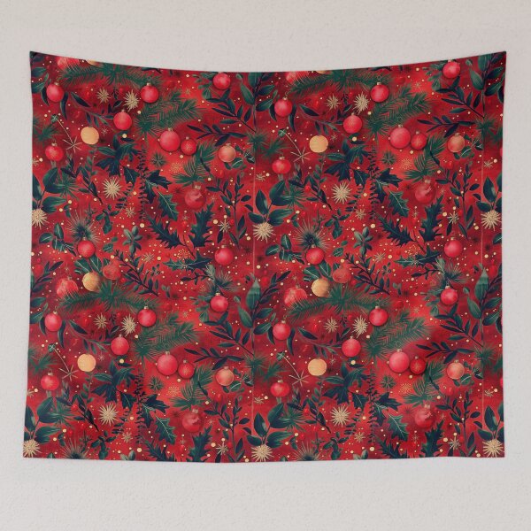 Item preview, Red Christmas Ornaments and Botanical Holiday Seamless Pattern designed and sold by Teeny Quities.