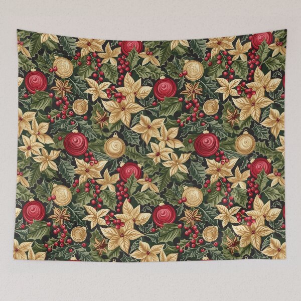 Item preview, Vintage Gold Poinsettia and Holly Christmas Ornament Seamless Pattern designed and sold by Teeny Quities.