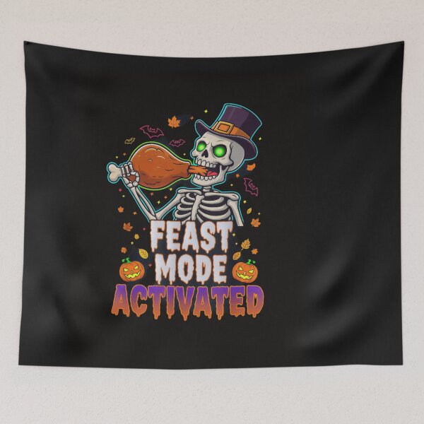Item preview, Feast Mode Activated T-Shirt: Funny Skeleton Holding Turkey Leg. Neon Halloween & Thanksgiving Crossover Mash-Up Tee designed and sold by ZyxDes.