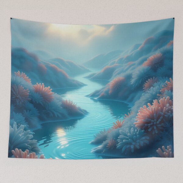 Item preview, Sun & Clouds, God Rays,  Corals Hills, River,  Fantasy Scifi Luminescence Landscape (image size 8320x12480) designed and sold by Digital-Davinci.