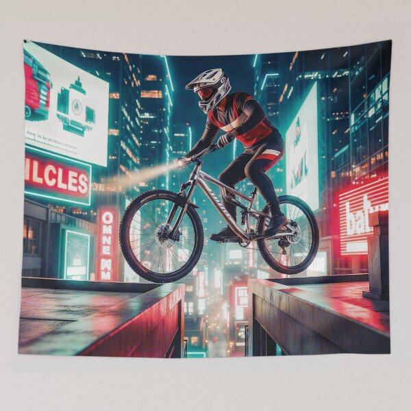 Item preview, Neon City Rooftop Mountain Biker Mid-Air – Extreme Sports. designed and sold by Hinson MTB Visuals.