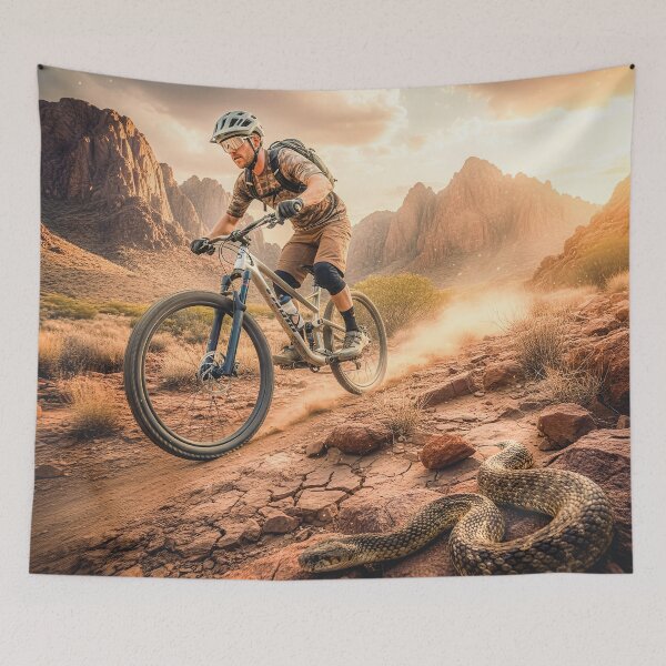 Item preview, Snake on the Trail – High-Stakes Desert Ride Action Shot. designed and sold by Hinson MTB Visuals.