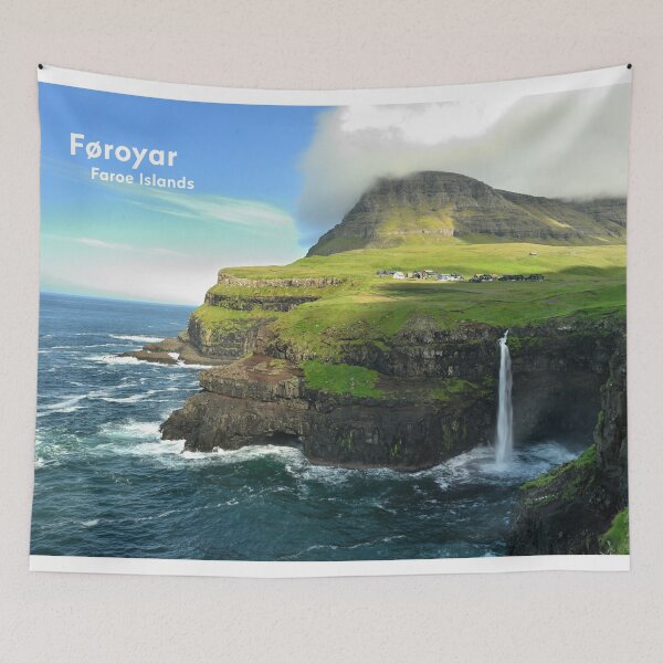 Item preview, Faroe Islands, Gasadalur, Múlafossur Waterfall. Original photography designed and sold by studio838.