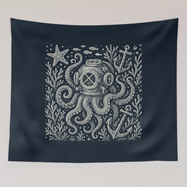 Item preview, Octopus Diving Helmet Nautical Ocean Doodle designed and sold by EdvvinStudios.
