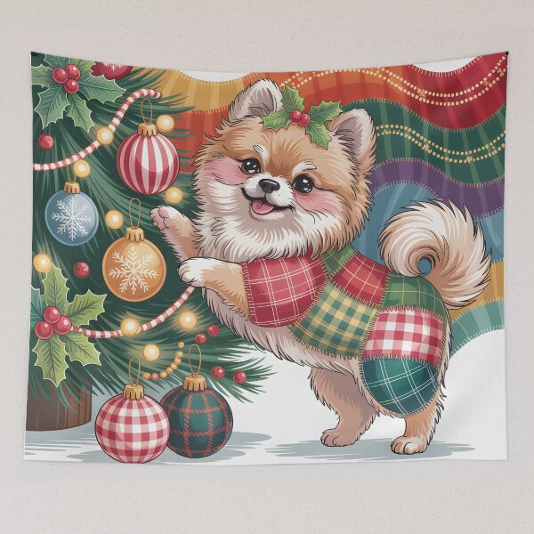 Item preview, Pomeranian Christmas – Cozy Patchwork Dog Vintage Art designed and sold by JessArty ⭐⭐⭐⭐⭐.