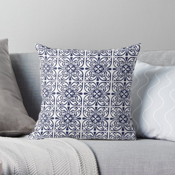 Indigo Navy Blue White Moroccan Trellis Lattice Pattern Throw Pillow