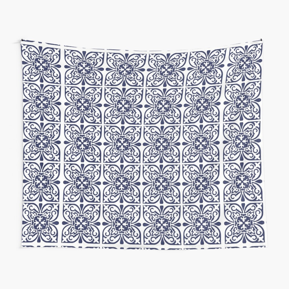 Indigo Navy Blue White Moroccan Trellis Lattice Pattern