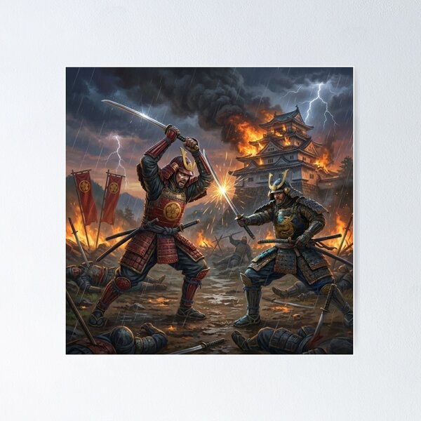 Item preview, Clash at the Burning Castle — Samurai Duel in the Storm | Japanese Warlord Art / 炎城の決闘 ― 嵐の中の武士たち designed and sold by Mori-no-Akari.