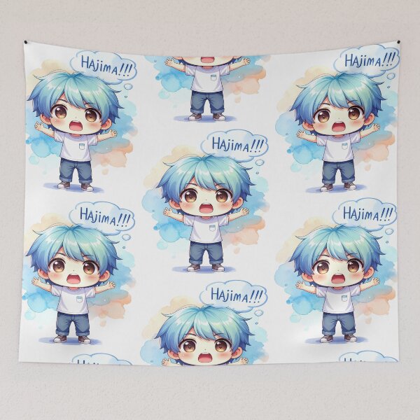 Item preview, Chibi boy with light blue hair shouts HAJIMA, stop that designed and sold by LiskoDesign.