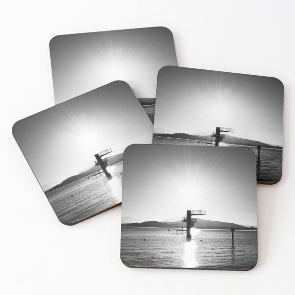 Item preview, Diving platform in the lake – Swiss mountain silhouette in black and white / Swiss Artwork Photography designed and sold by Raphael Wolf.
