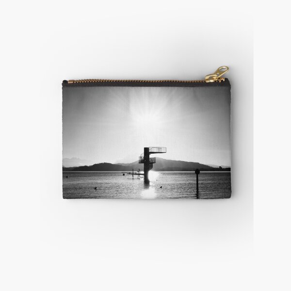 Item preview, Diving platform in the lake – Swiss mountain silhouette in black and white / Swiss Artwork Photography designed and sold by Raphael Wolf.