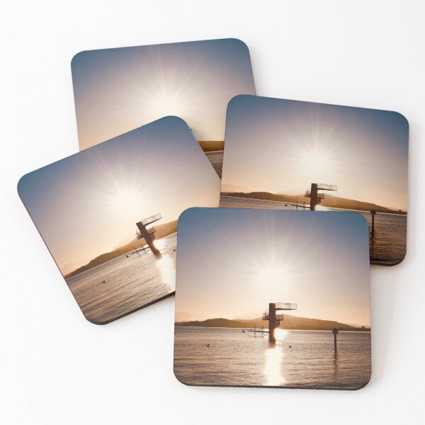 Item preview, Diving platform in the lake – Swiss mountain silhouette in warm colors / Swiss Artwork Photography designed and sold by Raphael Wolf.
