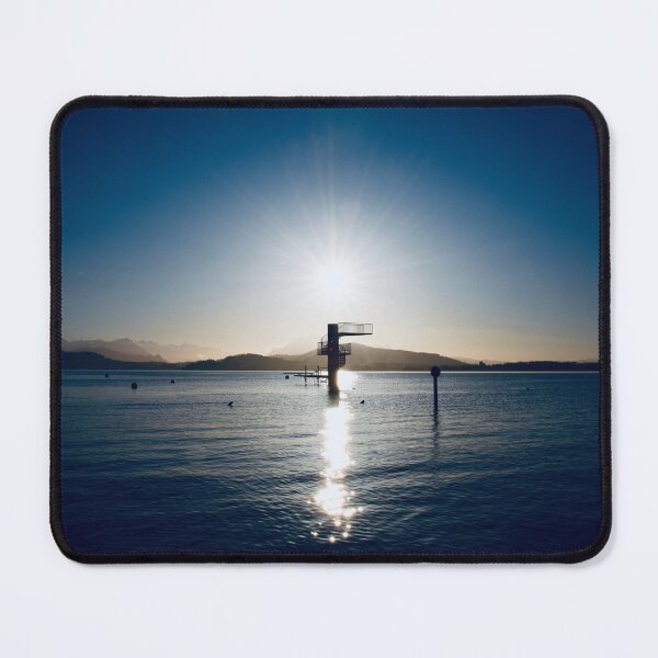 Item preview, Diving platform in the lake – Swiss mountain silhouette in cold colors / Swiss Artwork Photography designed and sold by Raphael Wolf.