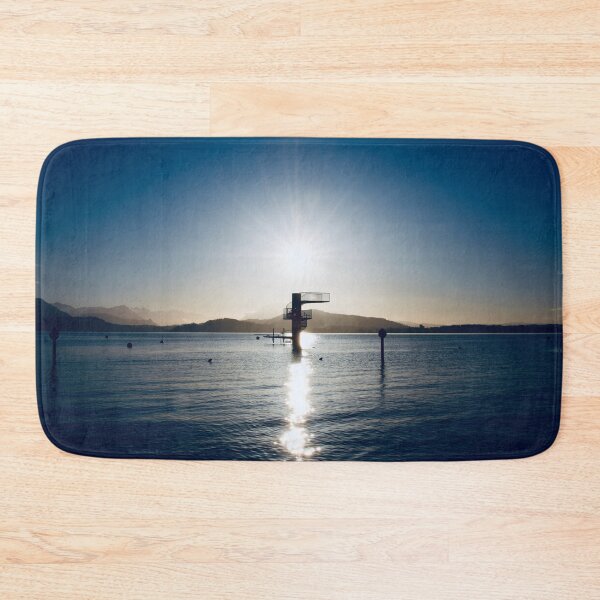 Item preview, Diving platform in the lake – Swiss mountain silhouette in cold colors / Swiss Artwork Photography designed and sold by Raphael Wolf.