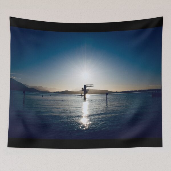 Item preview, Diving platform in the lake – Swiss mountain silhouette in cold colors / Swiss Artwork Photography designed and sold by Raphael Wolf.