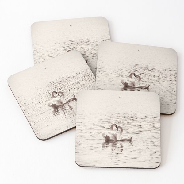 Item preview, Swans in love on a silvery lake – Harmonious monochrome photograph / Swiss Artwork Photography designed and sold by Raphael Wolf.