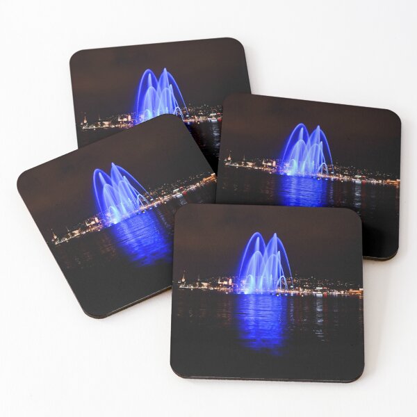 Item preview, Blue Water Fountain of Zurich-Enge – Luminous Magic of the Night / Swiss Artwork Photography designed and sold by Raphael Wolf.