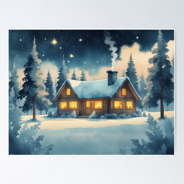 Item preview, Peaceful Snowy Cabin – Dreamy Winter Watercolor Scene designed and sold by Velora_art01.