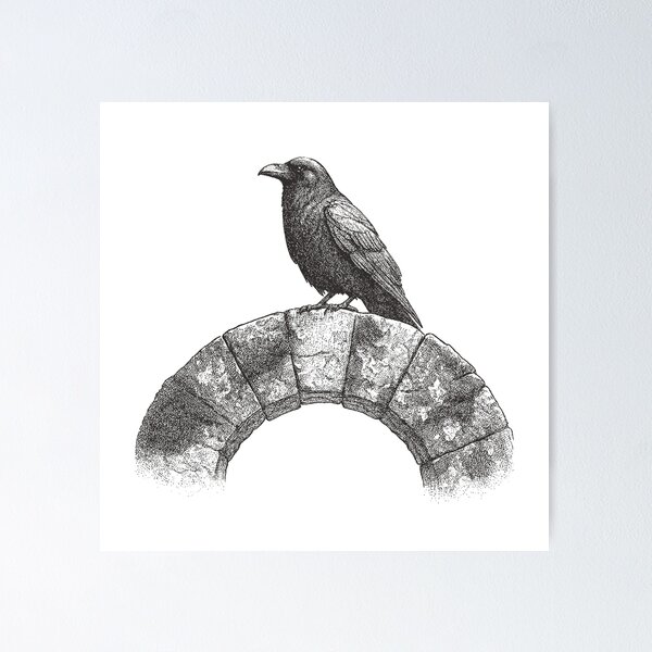 Aperçu de l'œuvre Corbeau sur une arche de pierre – Dessin à l'encre noire et blanche créée et vendue par lilking31.