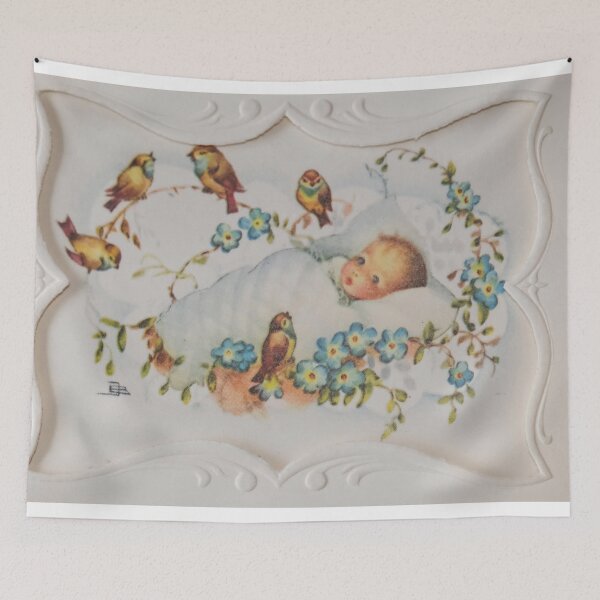Item preview, Vintage 1950's birth announcement card for baby girl with birds and flowers designed and sold by Photopat.